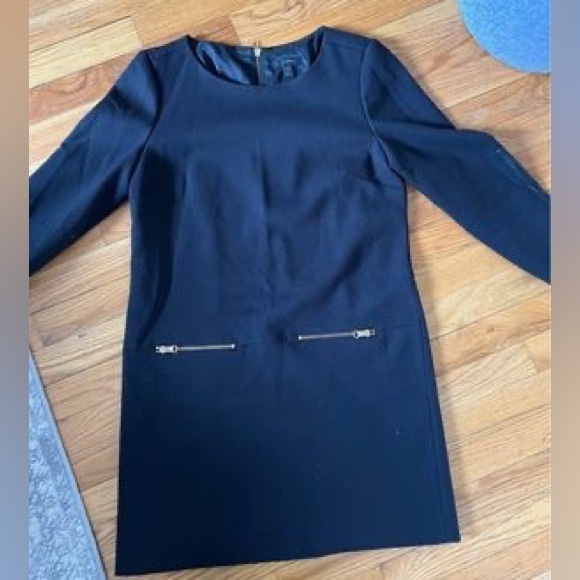 Black Lined Shift Dress w/ Leather Sleeves - Picture 2 of 5